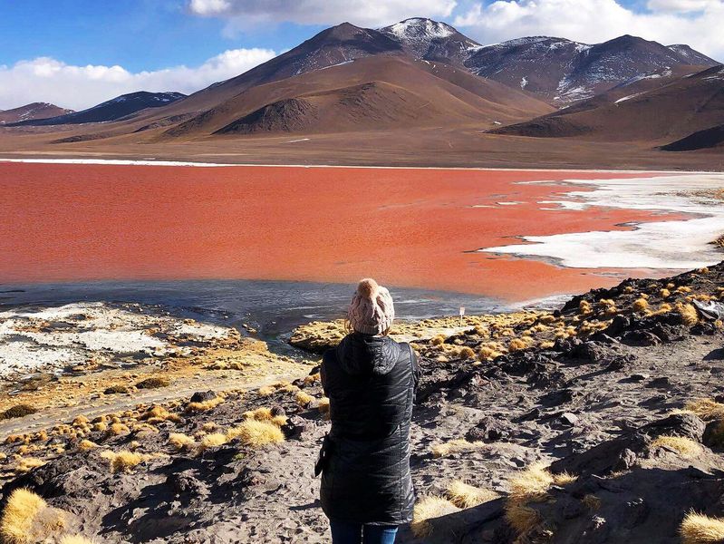 Student stands looking at Laguna Colorada, or the Red Lagoon in Southern Bolivia