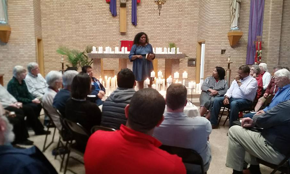 Bonnie Steele's daughter, Jamie Steele '18, giving her reflection in the sanctuary at St. Bridget’s. ''We loved the fact that non-believers, agnostics and atheists came,'' said Father Paul Jarvis, of the month Come Together event. Photo courtesy of Father Paul Jarvis.