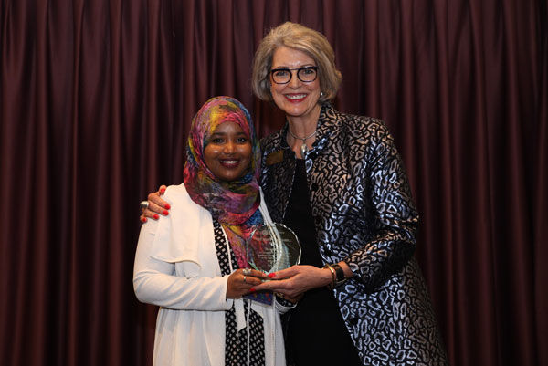 Mary E. McCahill Award-winner Ikram Koliso '17 with President ReBecca Koenig Roloff '76.