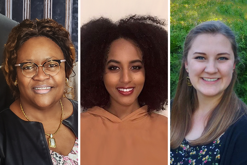 Three headshots of Heals Scholars Faustina Fortunato BSW’21, Tigist Kiflu MSW’21, and Eleanor Sonnabend MSW’21.