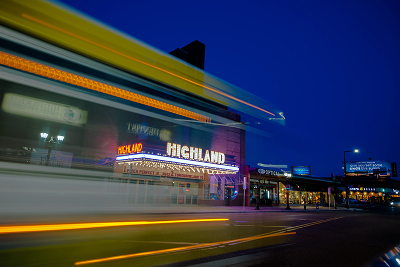 Highland park neighborhood with light trails in motion