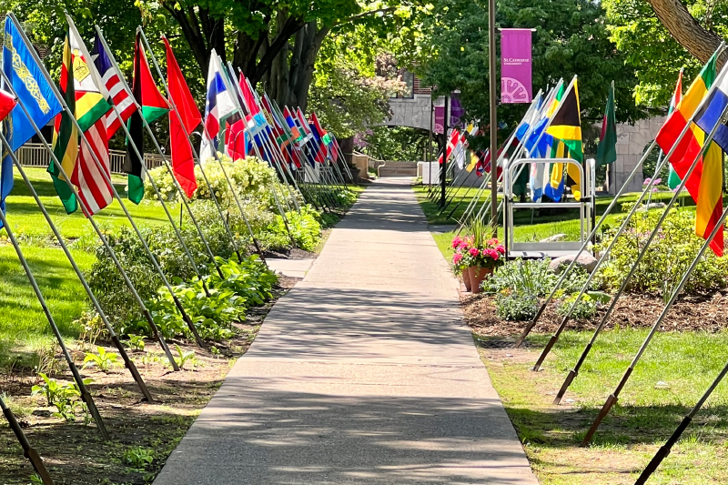 International flags planted along campus walkway