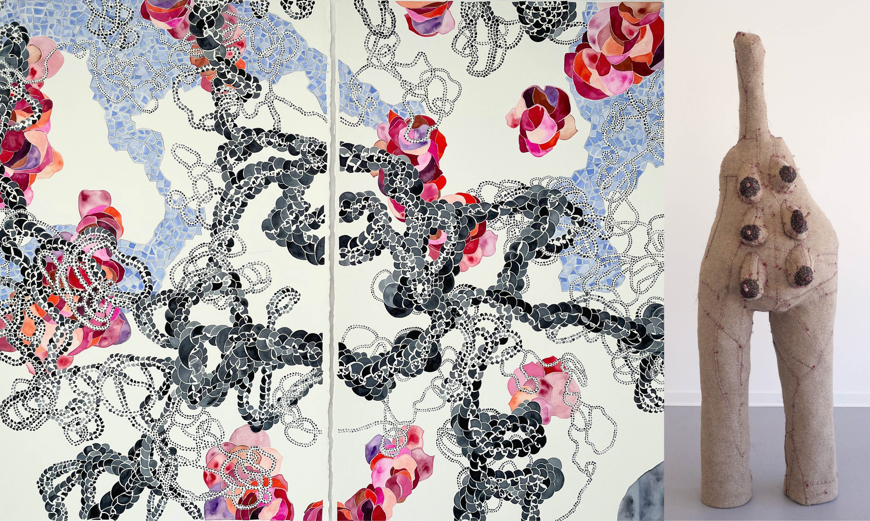 Watercolor painting by Keren Kroul and felt works by Nicole Havekost