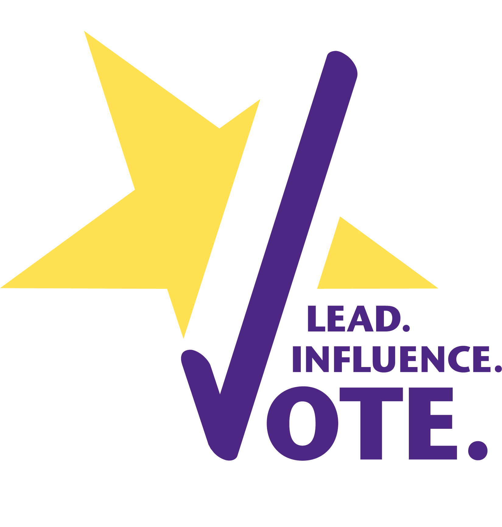 St. Kate's voting icon made up of a yellow star over a purple checkmark with the words Lead. Influence. Vote.