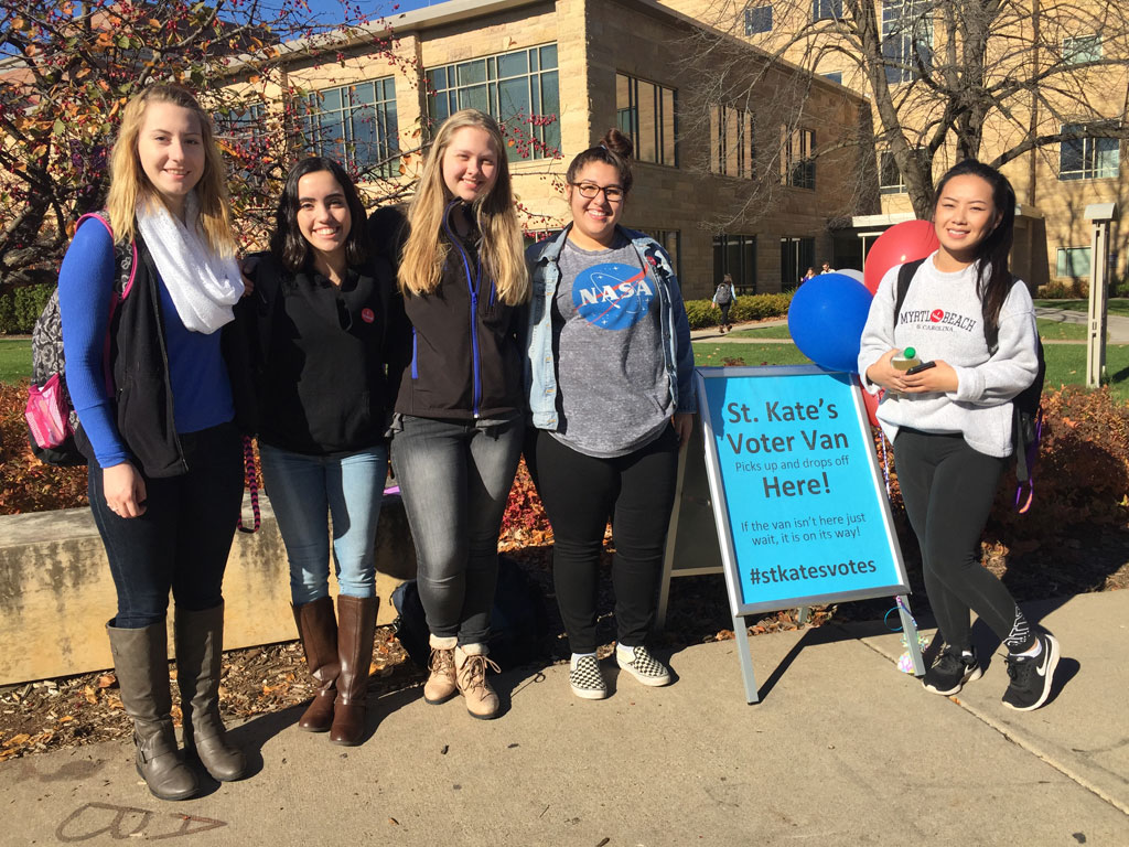 St. Kate's students waiting for pickup to polling location