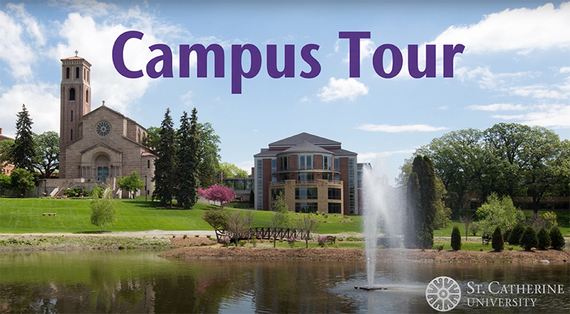 Wide-shot of St. Catherine campus with title "Campus Tour"