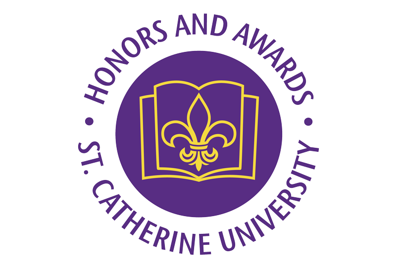 Honors and Awards - St. Catherine University - Purple and yellow badge with purple words circling it.