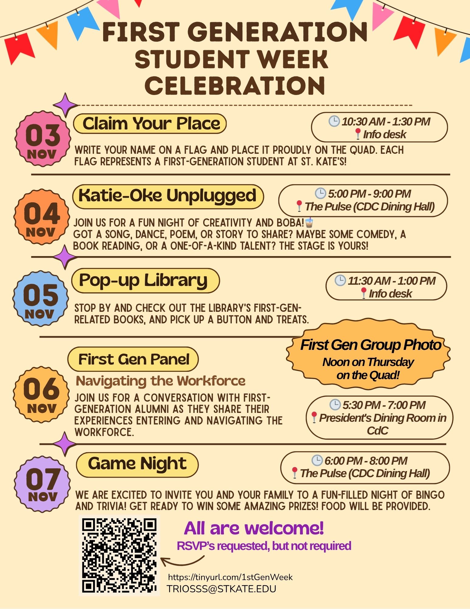 Flyer for First Generation Student Week Celebration at St. Kate’s, listing daily events from November 3–7, including Claim Your Place, Katie-Oke Unplugged, Pop-up Library, First Gen Panel, and Game Night. Includes note for a group photo Thursday at noon and RSVP link at tinyurl.com/1stGenWeek.