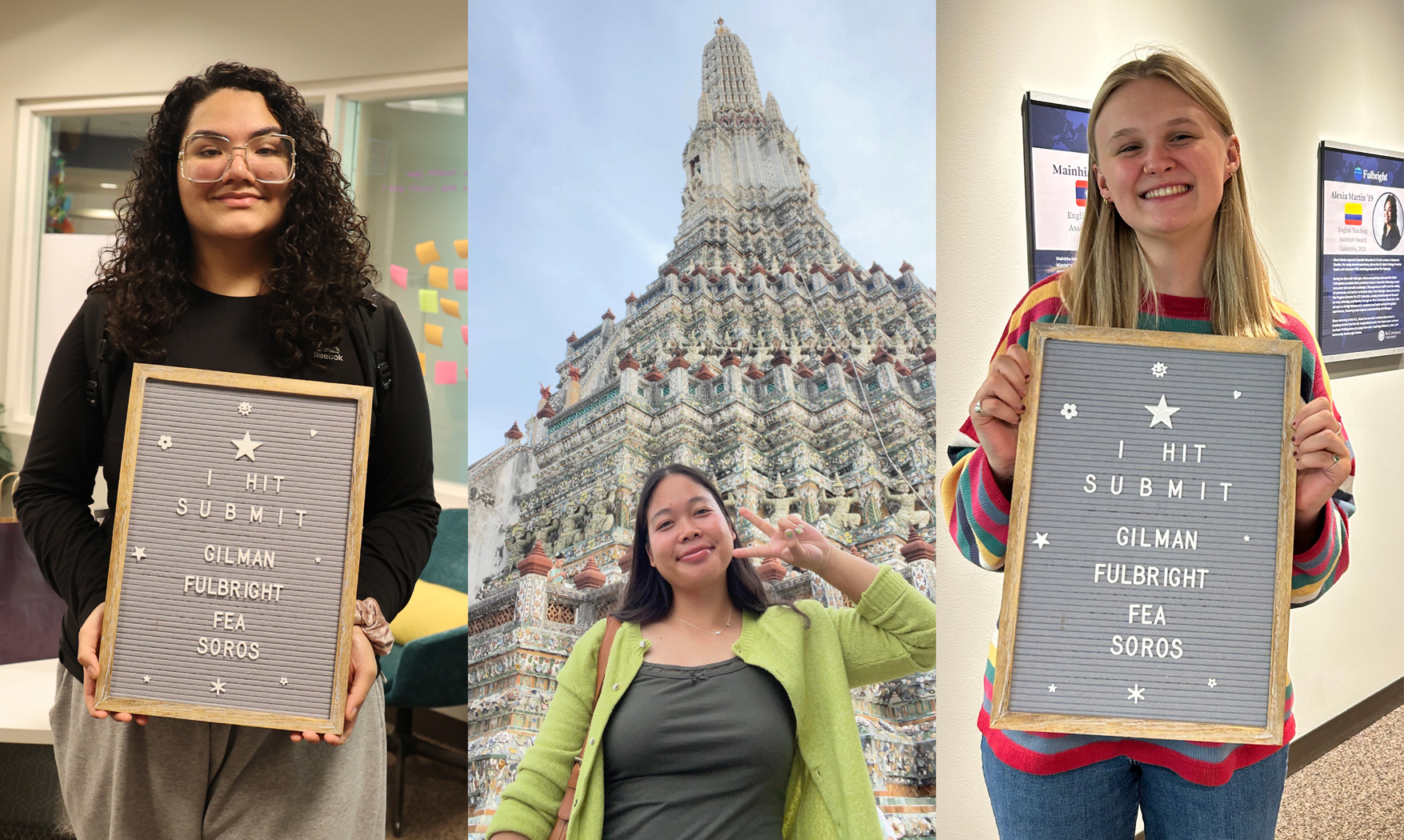 In the middle: Nag Poe stands in front of a temple. On the left and right: students at the "I Hit Submit" celebration hold signs. 