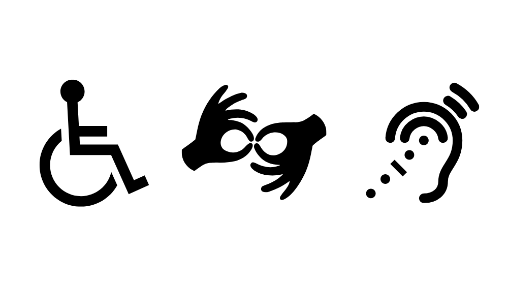 ADA icons for wheelchair, ASL and assistive listening devices