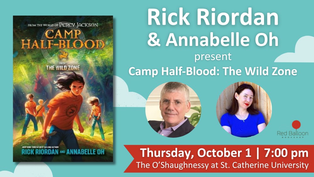 Image of Camp Half Blood book cover and portraits of authors.