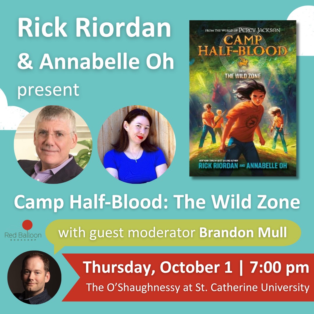 Rick Riordan and Annabelle Oh portraits with moderator Brandon Mull on October 1 at 7 pm