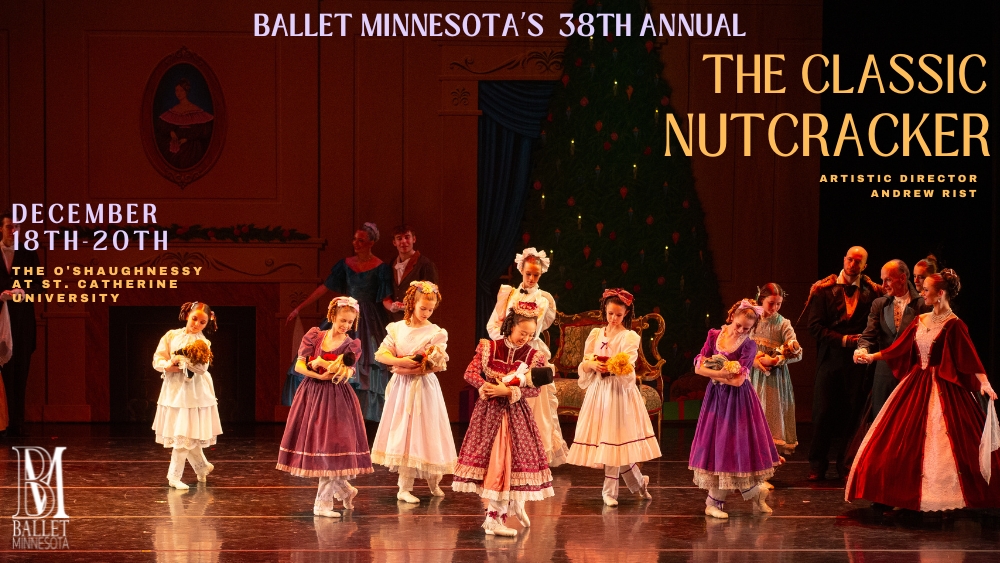 Classic Nutcracker image of ballet dancers with dolls and info about 2026 performances.
