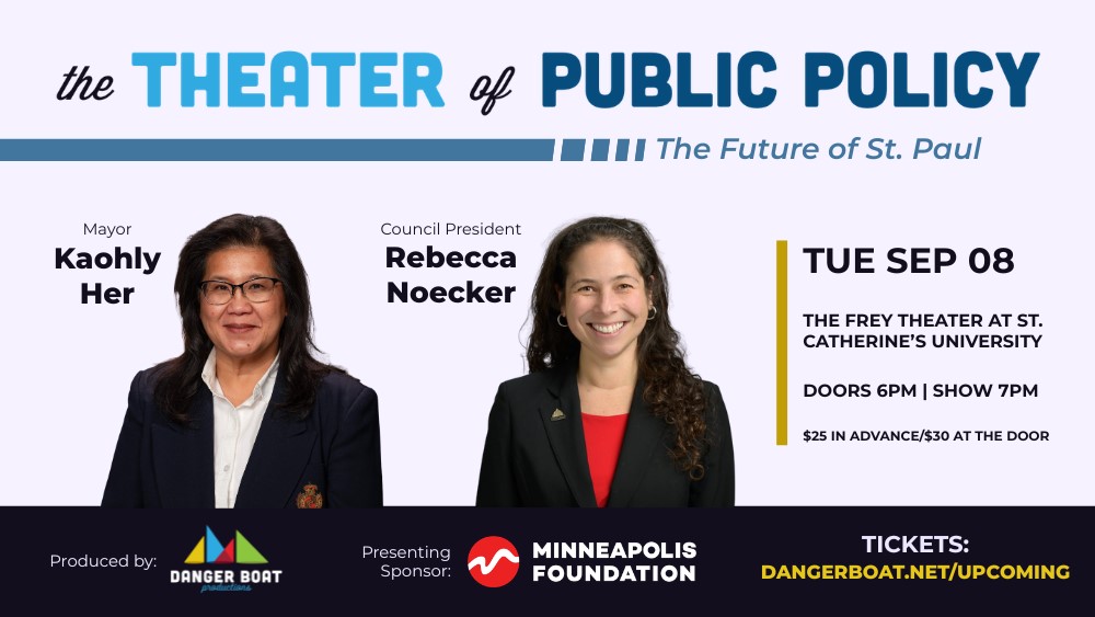 Theater of Public Policy event image with portraits of Her and Noecker.