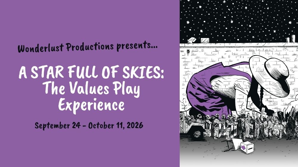 Wonderlust Productions purple, black, and white show image. 