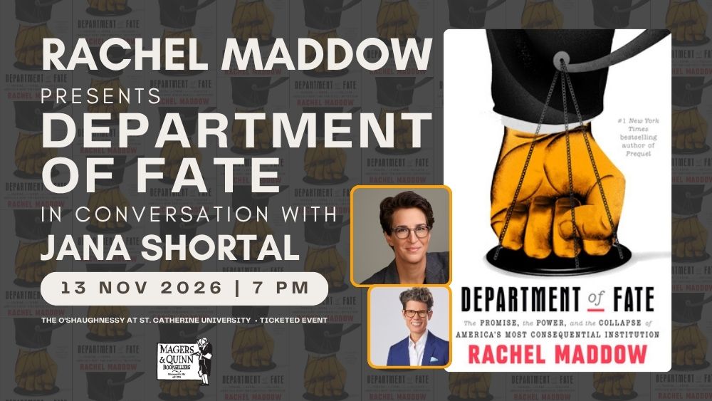 Portraits of Rachel Maddow and Jana Shortal with the cover of Rachel's new book Department of Fate.