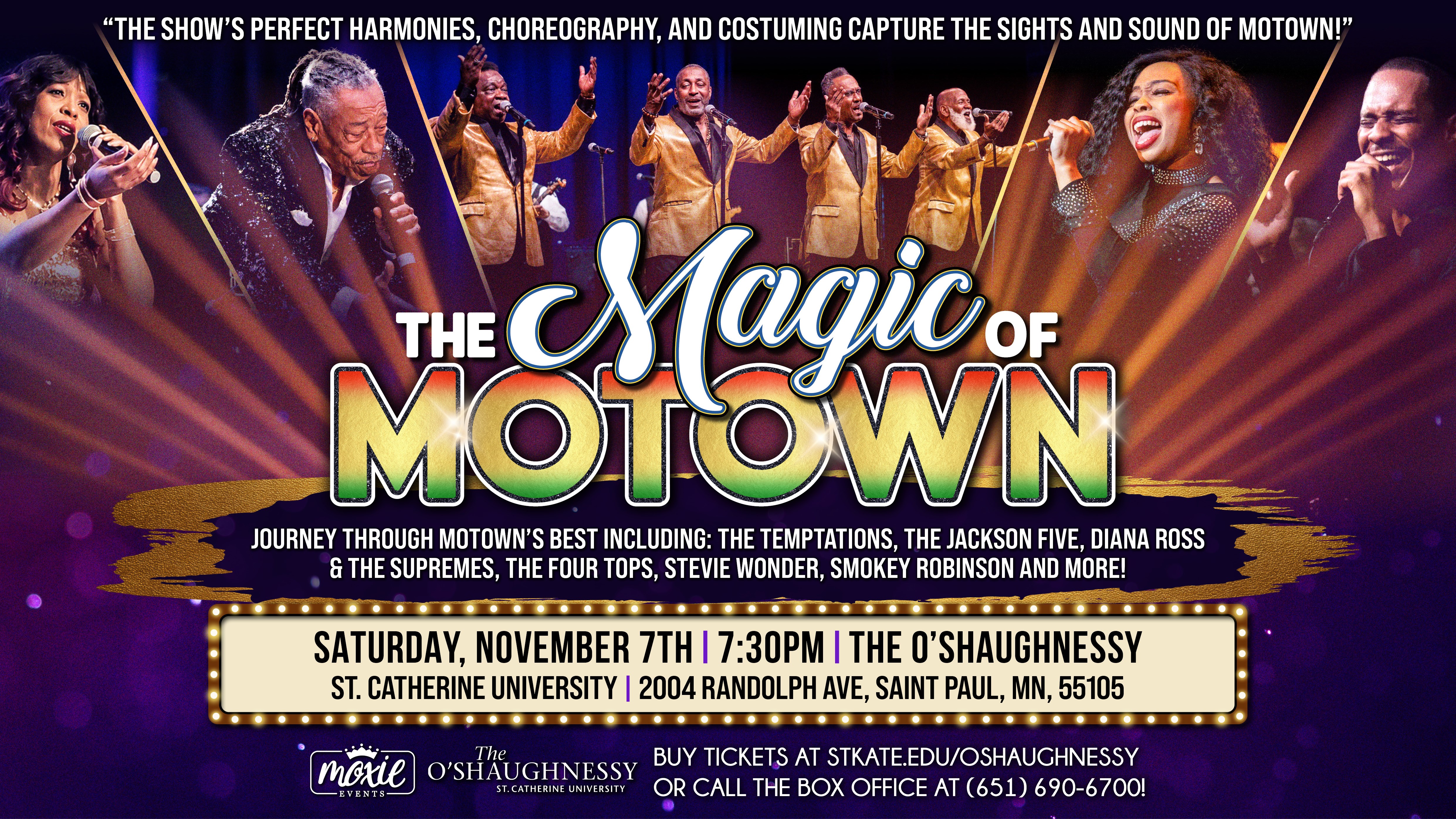 Magic of Motown show poster with singers across the top. 
