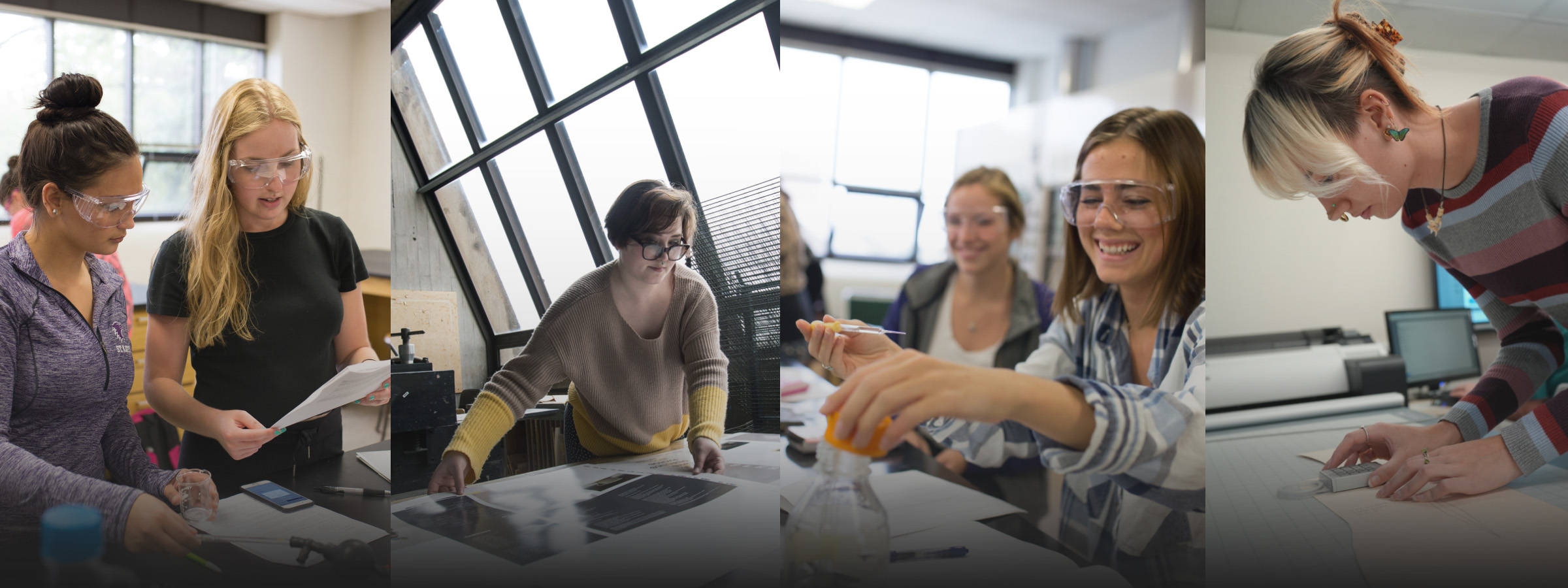 Four vertical images next to each other of Liberal Arts, Business, and Leadership students in class