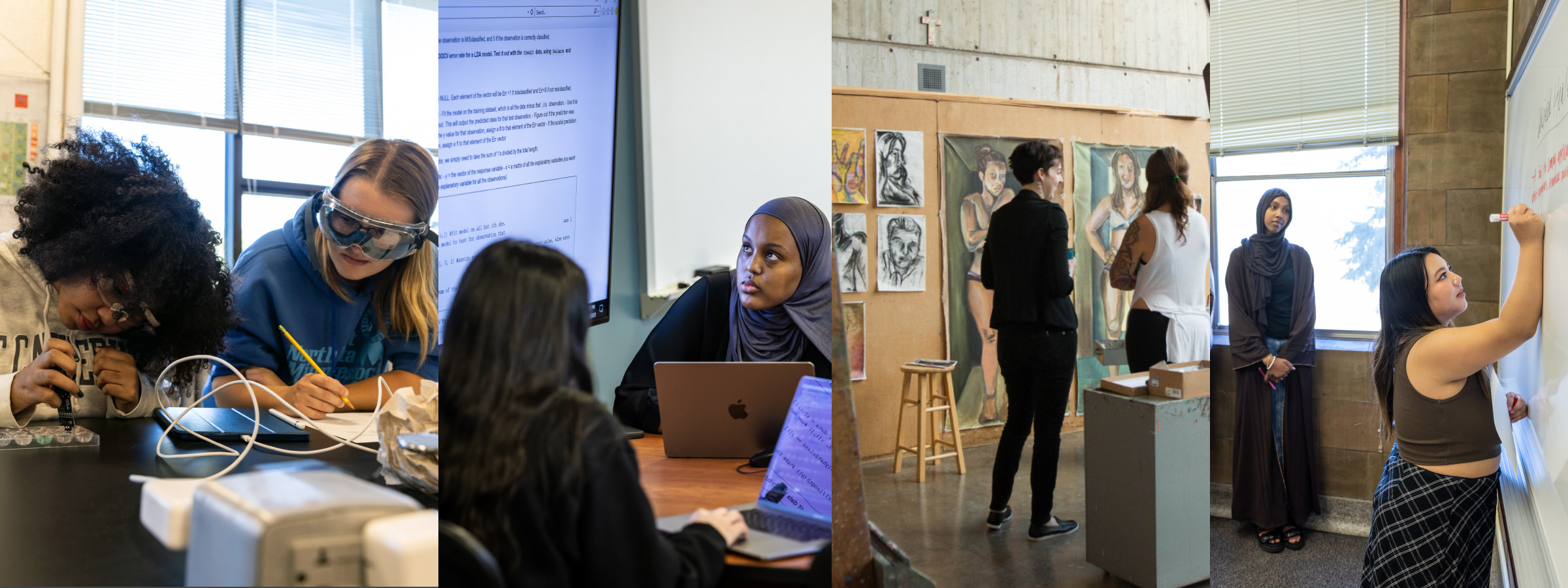Four vertical images next to each other of Liberal Arts, Business, and Leadership students in class