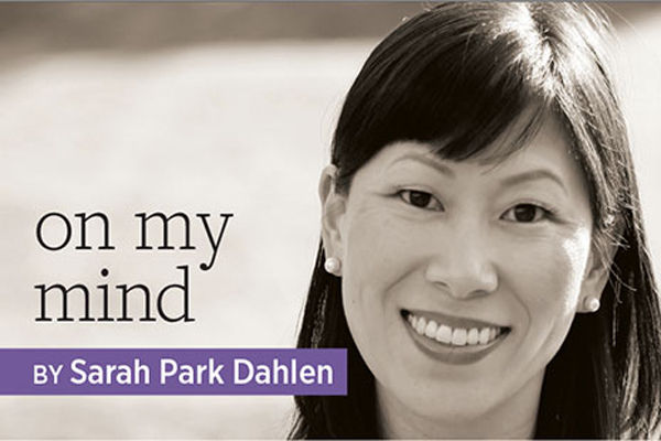 Photo of MLIS faculty member Sarah Park Dahlen, with the column title "On My Mind"and her byline. (Photo probably printed at the head of the column in American Libraries, flagship magazine of the American Library Association.)