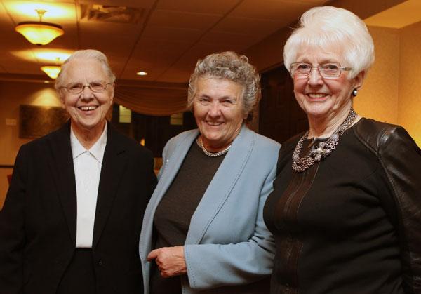 Amata Miller, IHM, director of the Myser Initiative on Catholic Identity; Joan Chittister, OSB; and Patricia O'Connor Myser '56 gathered at a reception the evening before the lecture. Photo by Julie Michener