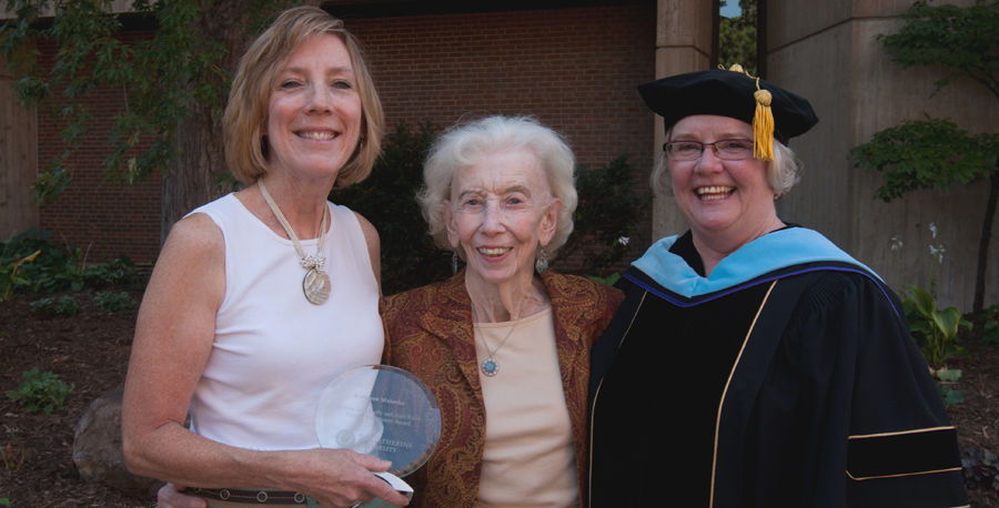 Joan Kelly '46 with EVP and Provost Colleen Hegranes and Professor Kathleen Matuska, the 2012 Bonnie Jean Kelly and Joan Kelly Award for Faculty Excellence winner.