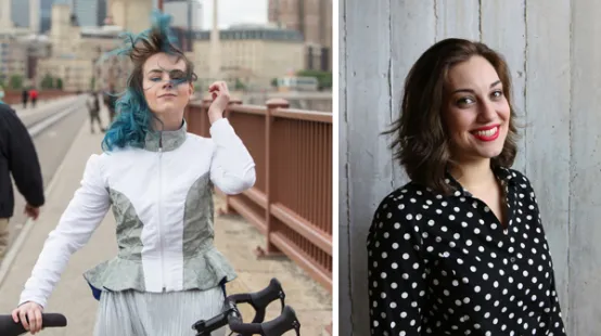 Two photos: one of Briana Turnbull '17 / Photo by Ryan Johnson '19; the other appears to be someone modeling an outfit from Turnbull's new women's bike wear collection.