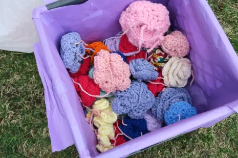 From the April 2017 public art installation by honors student and studio art major Lizzie Cleary '17. Cleary's project is the culmination of the research and writing she completed for her honors paper, "Bronze Roses, Pink Crosses, and Feminicide: The Art of Lament and Liberation in Ciudad Juarez."