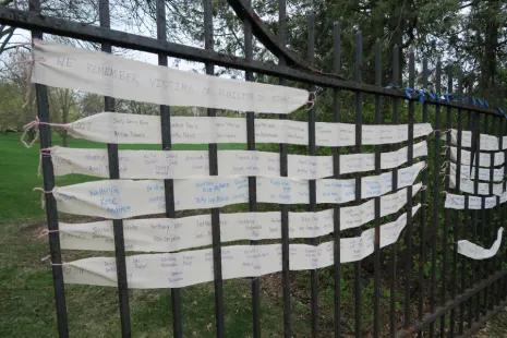 From the April 2017 public art installation by honors student and studio art major Lizzie Cleary '17. Cleary's project is the culmination of the research and writing she completed for her honors paper, "Bronze Roses, Pink Crosses, and Feminicide: The Art of Lament and Liberation in Ciudad Juarez."