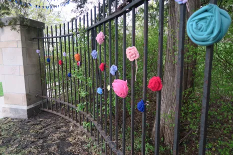 From the April 2017 public art installation by honors student and studio art major Lizzie Cleary '17. Cleary's project is the culmination of the research and writing she completed for her honors paper, "Bronze Roses, Pink Crosses, and Feminicide: The Art of Lament and Liberation in Ciudad Juarez."