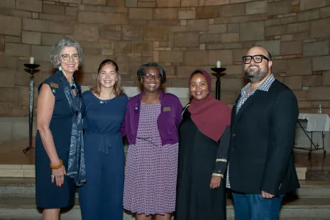 Left to right: President Roloff, Emily Robinson ’21, Anita Thomas, Ikram Koliso ’17, and Rafael Cervantes