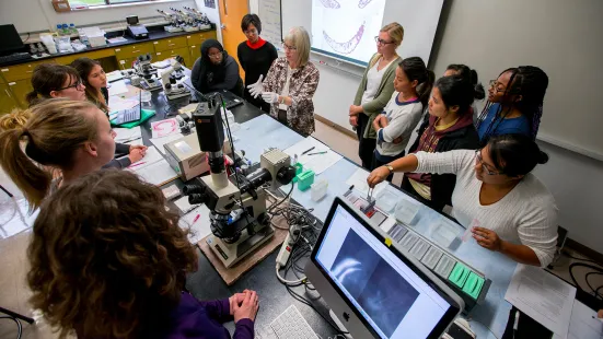 Biology students surrounding teacher in classroom for demonstration
