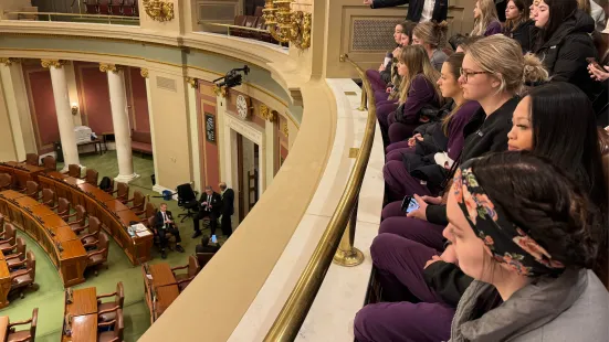 Nursing students look down at the Senate floor
