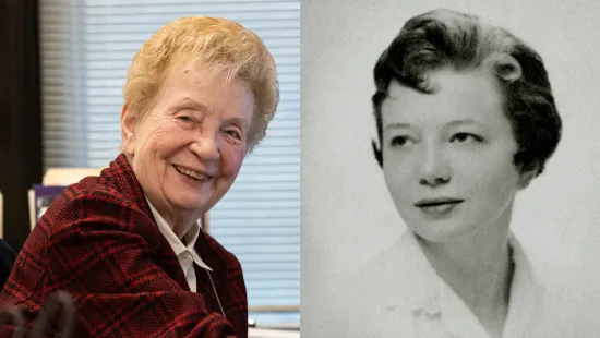 Side-by-side images of Ruth Haag Brombach ’60 in 2024 and 1960