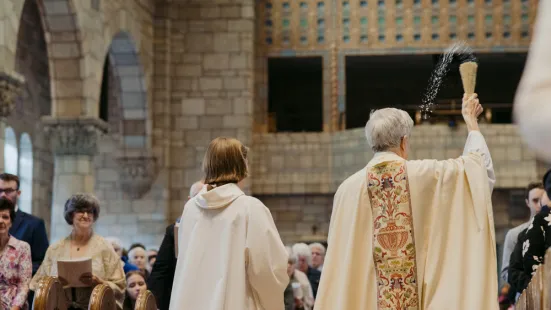 A priest sprinkles water on the congregation during Mass.