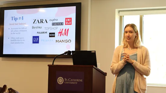 Student presents on fast fashion.