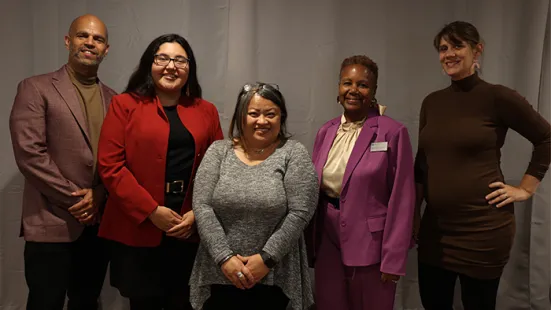 Panelists President Evans, Josi Aguilera '25, and Kabo Yang MAOL’09 with TPT Executive Producer Daniel Bergin