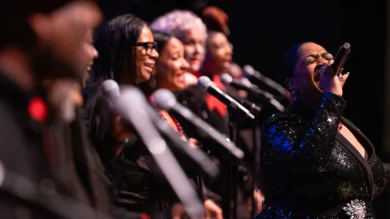 A group of people stand in a line, each with a microphone. In the corner, a woman sings passionately into a microphone.