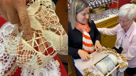 Left: a close-up of an original CSJ embroidery stitch. Right: an in-progress stitch featuring an alumna.