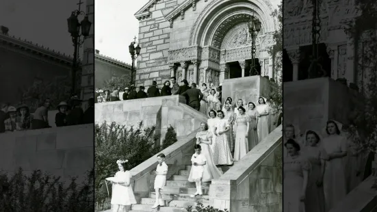 People walking down the steps of Our Lady of Victory Chapel.