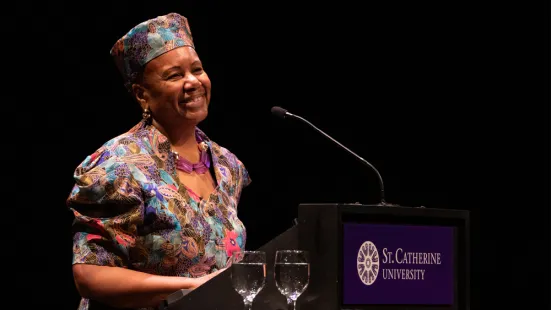 President Marcheta P. Evans, PhD, speaks onstage at The O'Shaughnessy