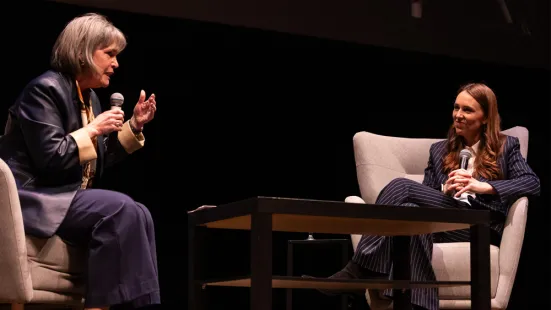 Betty McCollum ’87 and Dame Jacinda Ardern in discussion onstage at The O'Shaughnessy