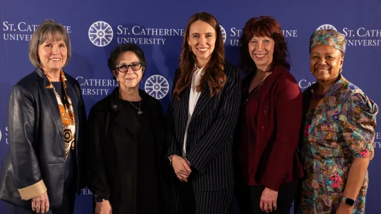Congresswoman Betty McCollum ’87, Khatmeh Osseiran-Hanna, Dame Jacinda Ardern, Provost Denise Baird, PhD, and President Marcheta P. Evans, PhD