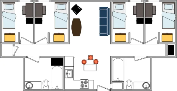 Layout of 4-bedroom suite with full kitchen.