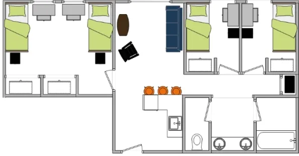Rauenhorst Hall's 2-single, 1-double suite layout.
