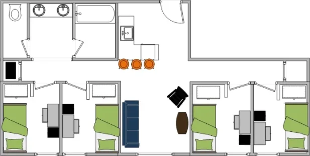 Layout of 4-bedroom suite with kitchenette.