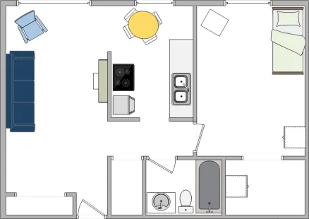 The floorplan for the 1-bedroom, 1-bathroom apartments in the Georgia and Alberta buildings.