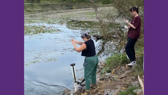 Algal Ecology students using a plankton net to collect algae from Lake Phalen.
