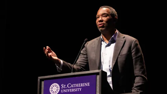 Ta-Nehisi Coates speaks on stage at The O'Shaughnessy.