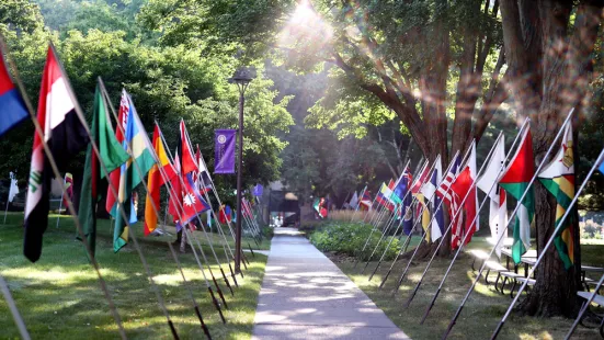 Sunlight shines down on a sidewalk lined with flags.